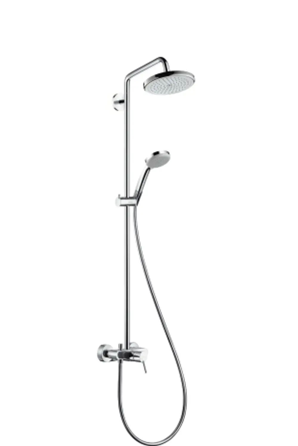 Duschsystem von Hansgrohe mit fest installiertem Kopfbrause und Handbrause, verbunden durch einen flexiblen Schlauch, sowie einem Einhebelmischer zur Temperaturregulierung.